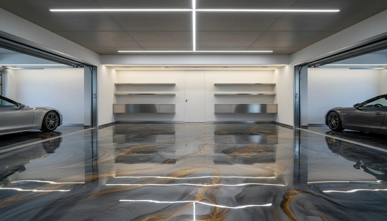 Glossy charcoal metallic epoxy floor finish for a living space