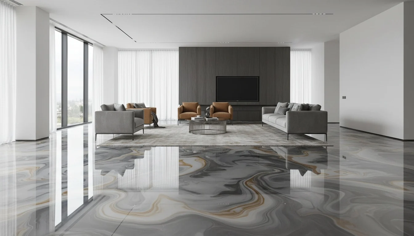 Grey flake-chip epoxy garage floor finish example