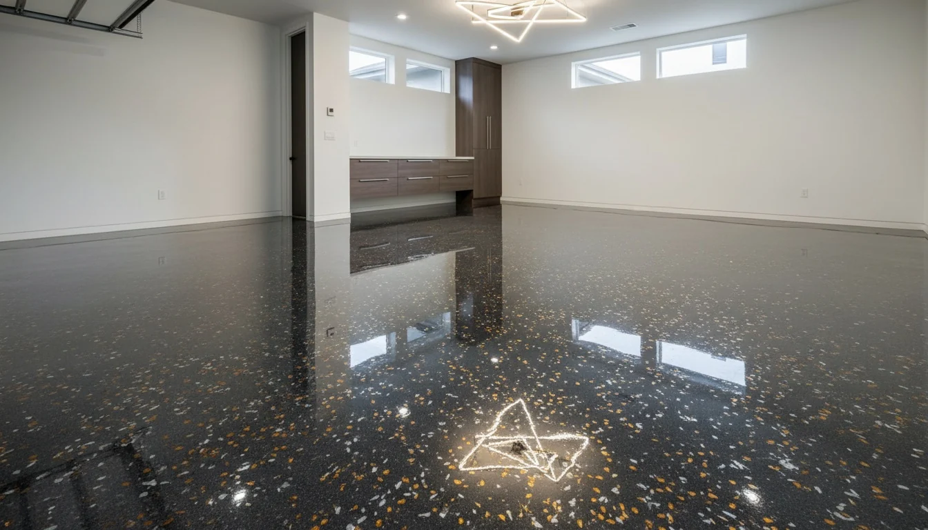 Blue swirling metallic epoxy floor finish