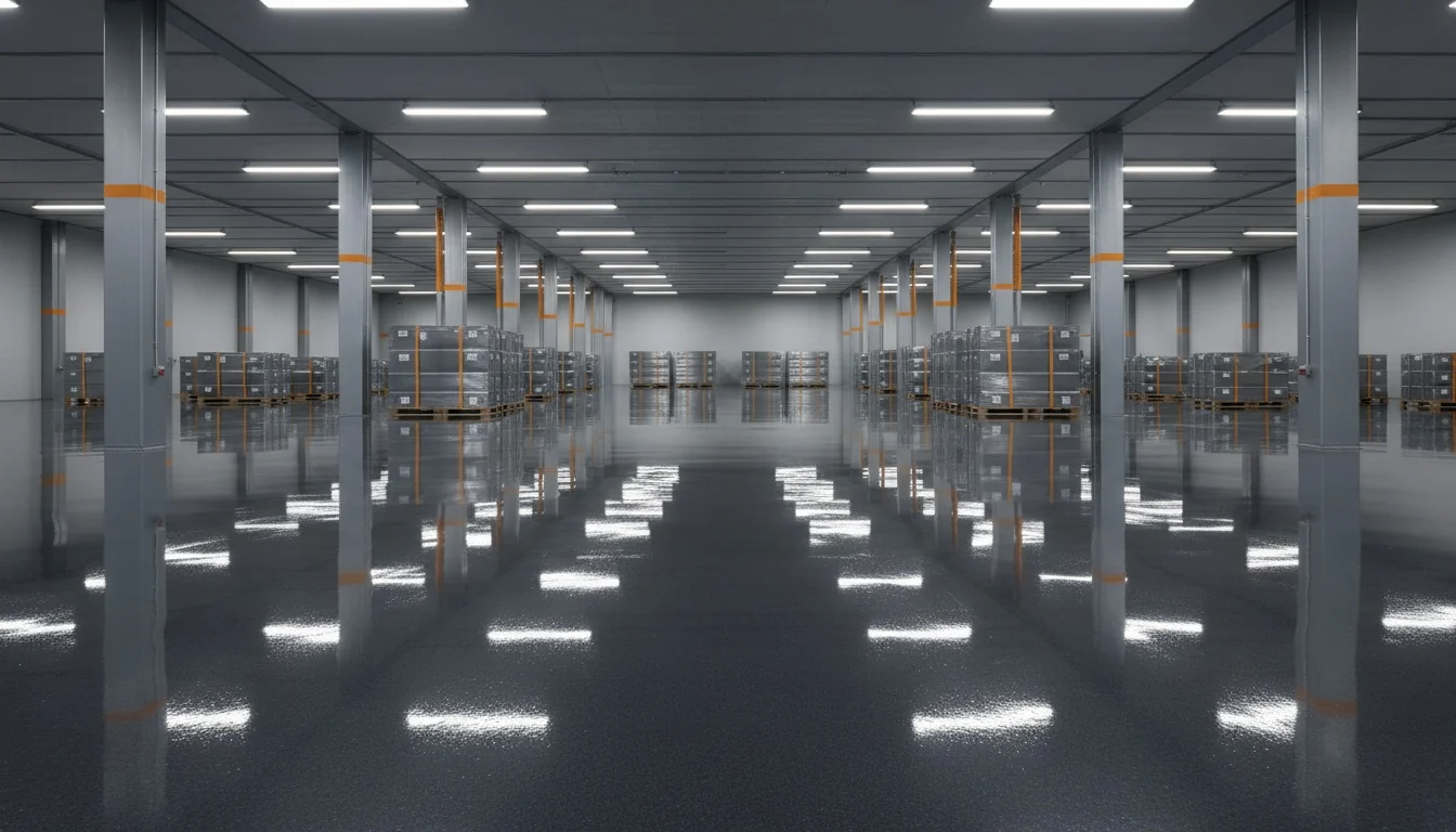 White and silver metallic epoxy showroom floor finish