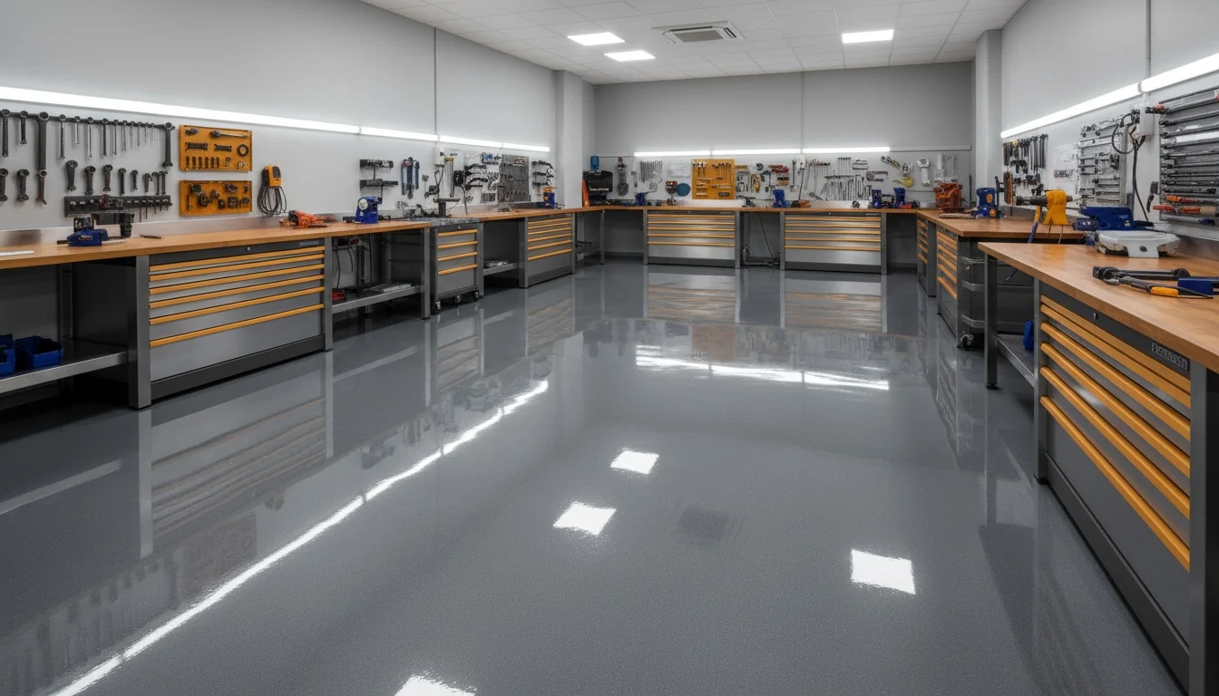 Light neutral flake epoxy floor finish for a modern home