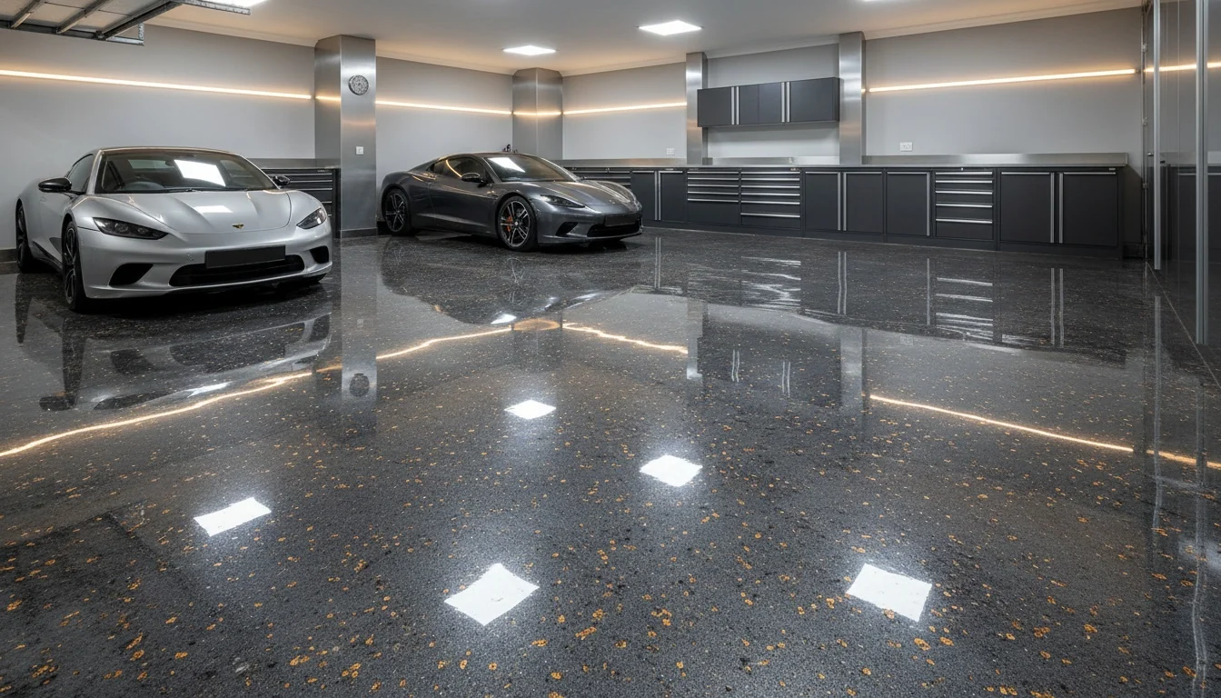 Speckled flake epoxy garage floor in a Roodepoort West Rand home